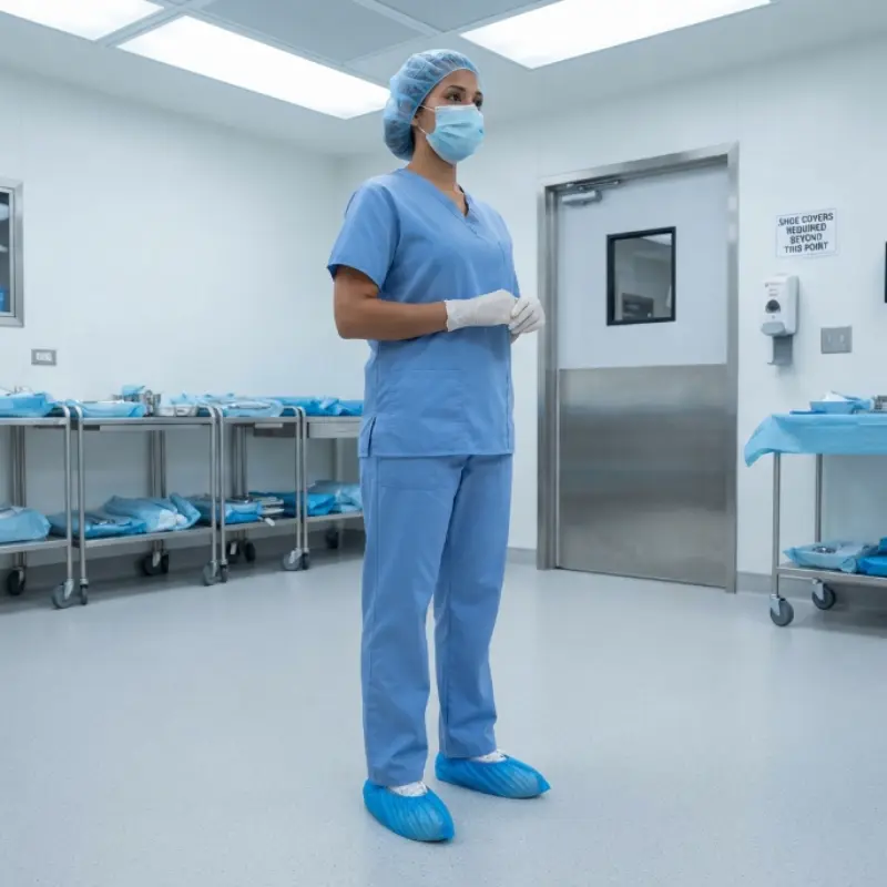 Profesional sanitaria con pijama quirúrgico azul y cubre calzados desechables de pie en una clínica limpia.