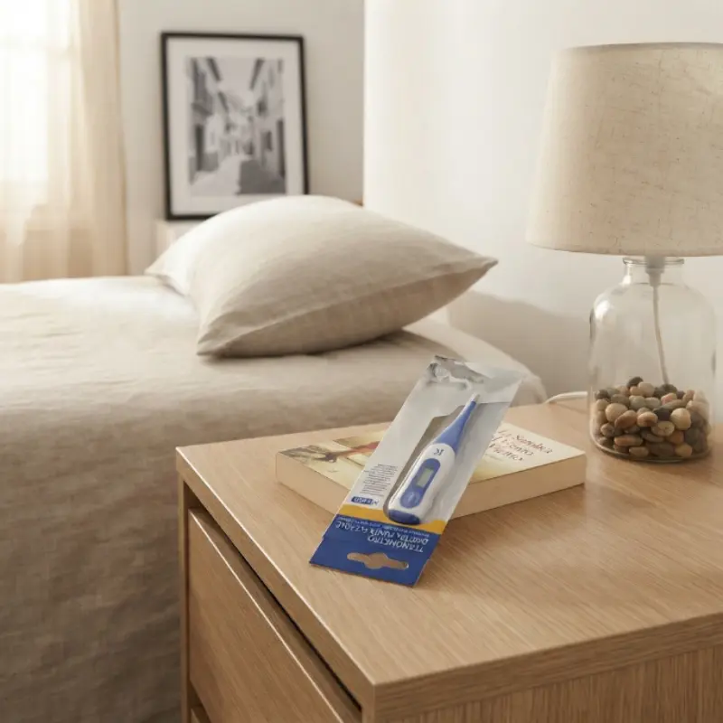 Caja de presentación de un termómetro digital de punta flexible sobre una mesa de madera en una habitación.