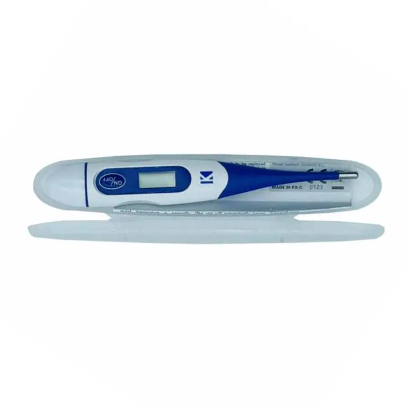 Termómetro digital de punta flexible con cuerpo blanco y azul dentro de su estuche protector transparente.