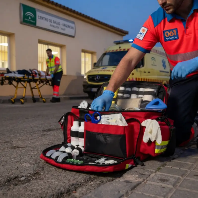 Sanitario arrodillado revisando el interior de una bolsa de emergencias roja junto a una ambulancia nocturna.