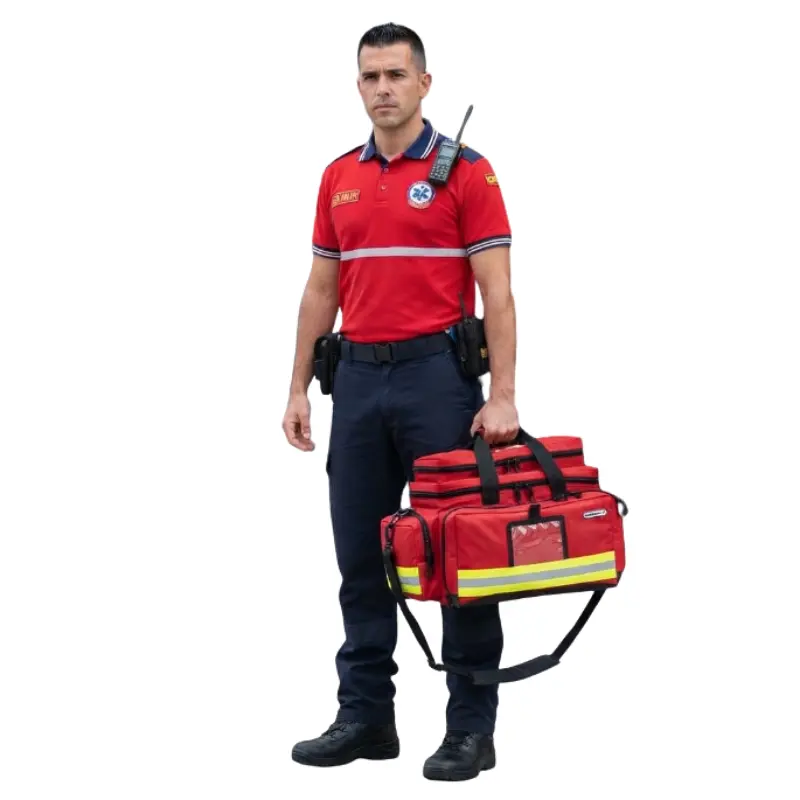 Paramédico con polo rojo y walkie-talkie de pie sosteniendo una bolsa de urgencias roja con bandas reflectantes.