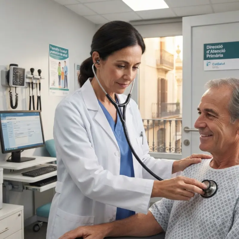 Médica con bata blanca ausculta el pecho de un paciente sonriente utilizando un estetoscopio Riester Duplex en su consulta.