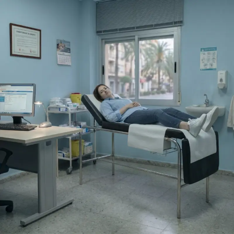 Paciente descansando tumbada sobre una camilla fija de tres cuerpos en una consulta médica azul.