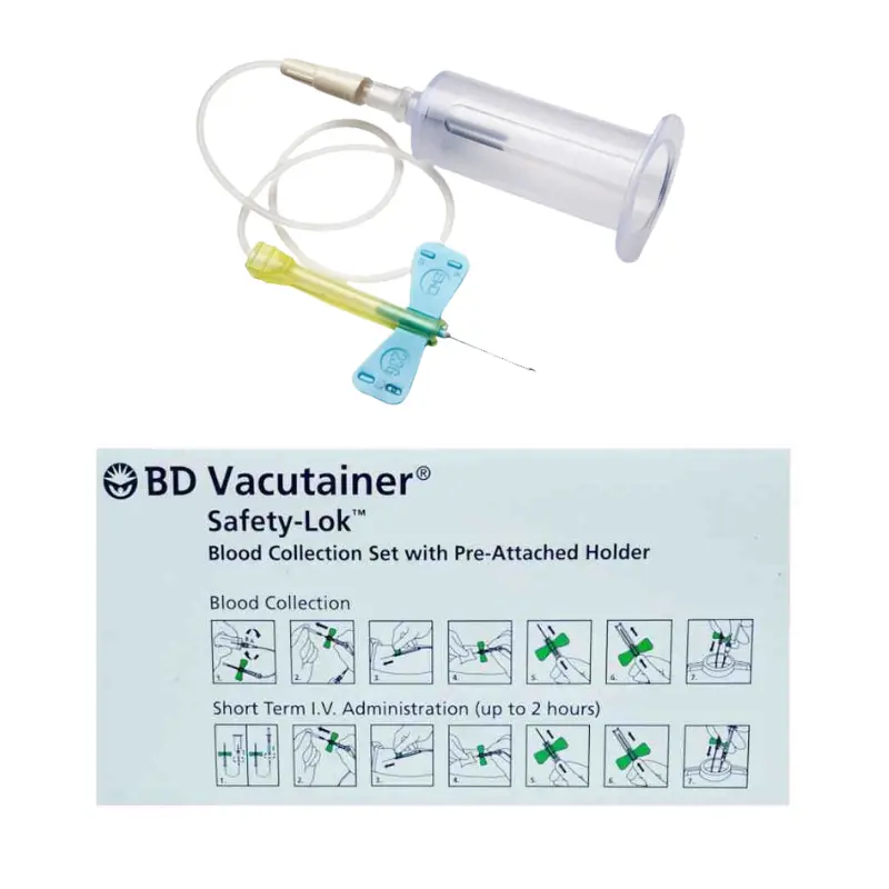 Palomilla BD Vacutainer Safety-Lok 23G conectada a un portatubos y tarjeta con instrucciones ilustradas de uso.