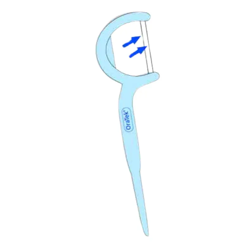 Unidad de hilo dental con arco de color azul con flechas indicativas de uso sobre fondo blanco.
