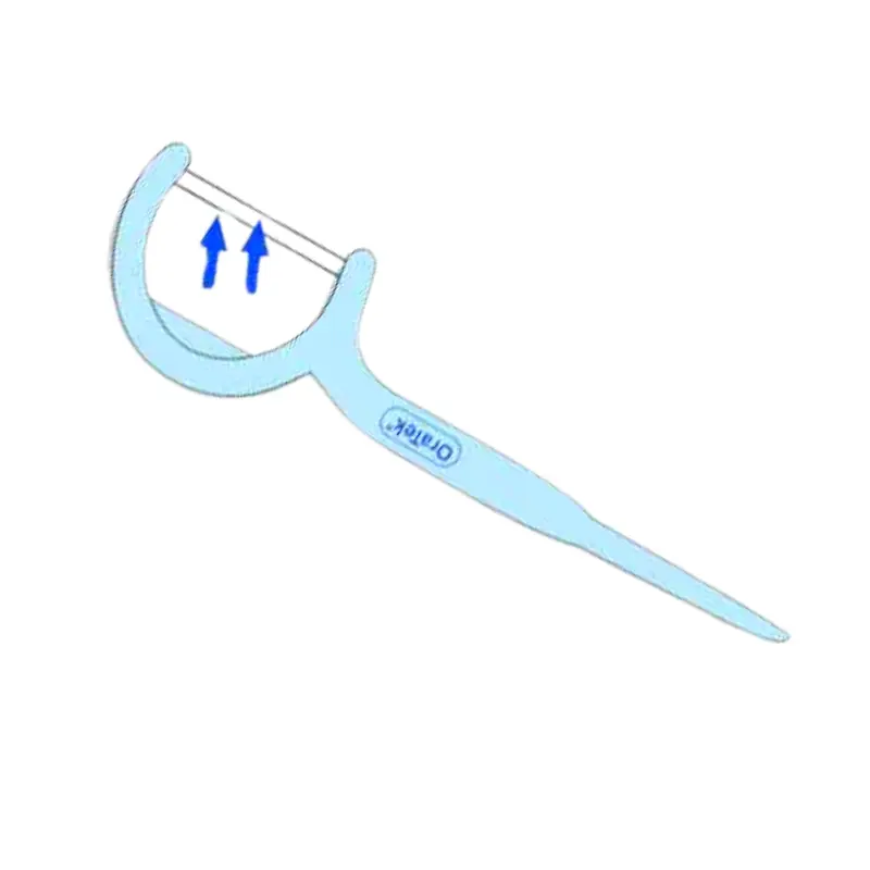 Unidad de hilo dental con arco de color azul con flechas indicativas de uso sobre fondo blanco.