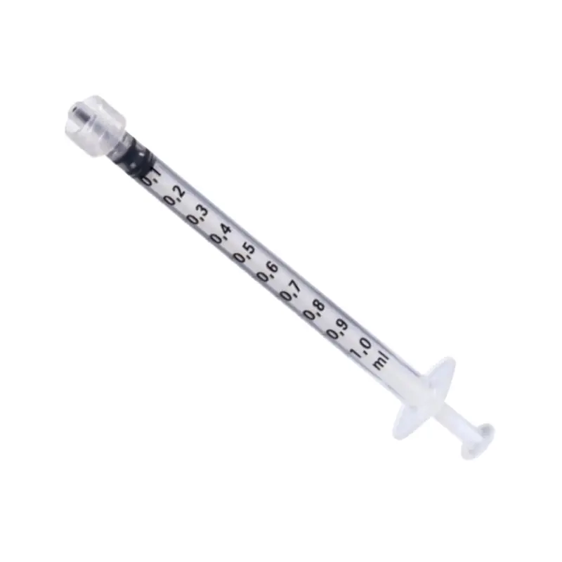 Jeringa de insulina de 1 ml BBraun Omnifix con graduación numérica visible en el cuerpo transparente sobre fondo blanco.