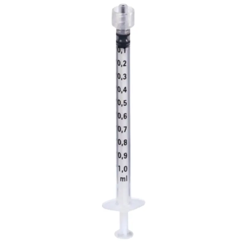 Jeringa de insulina de 1 ml BBraun Omnifix con graduación numérica visible en el cuerpo transparente sobre fondo blanco.