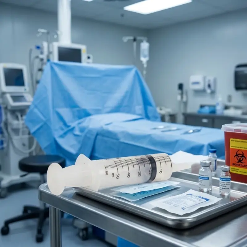 Jeringa de alimentación Nipro de 60 ml y viales sobre una bandeja en una sala de hospital con cama clínica al fondo.