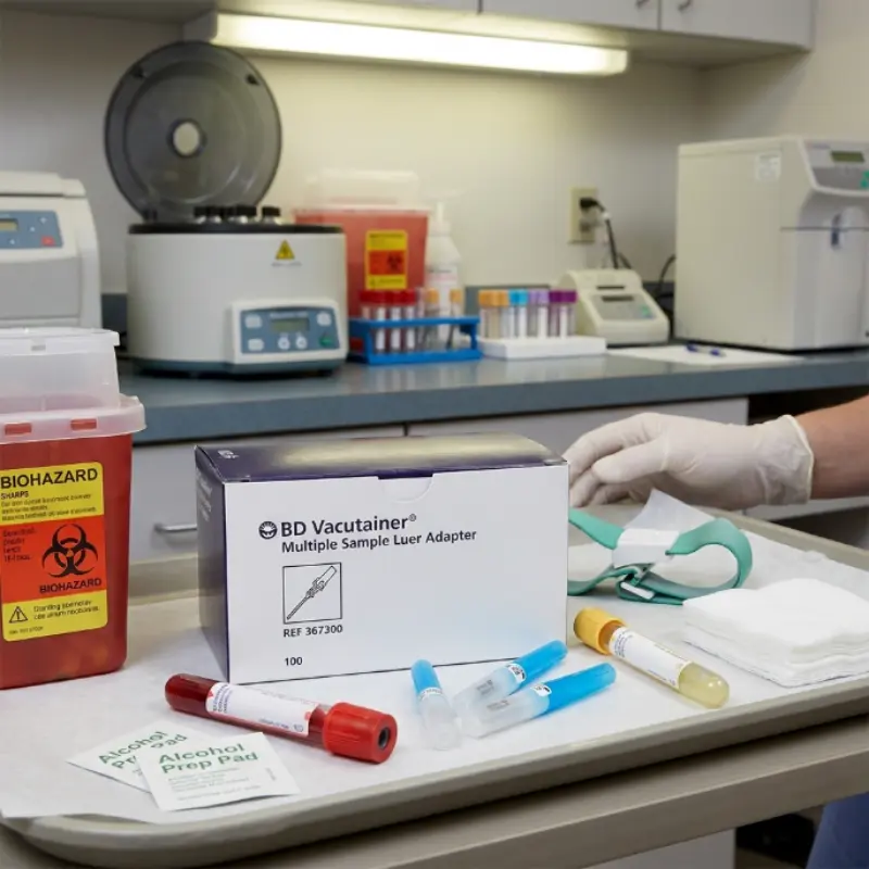 Bandeja médica con caja de adaptadores Vacutainer, tubos de extracción y material clínico sobre una mesa en un laboratorio.