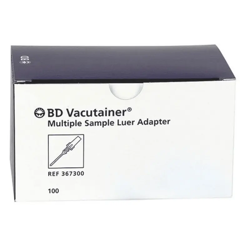 Caja de cartón blanca y azul de adaptadores BD Vacutainer para extracción múltiple con indicación de 100 unidades.
