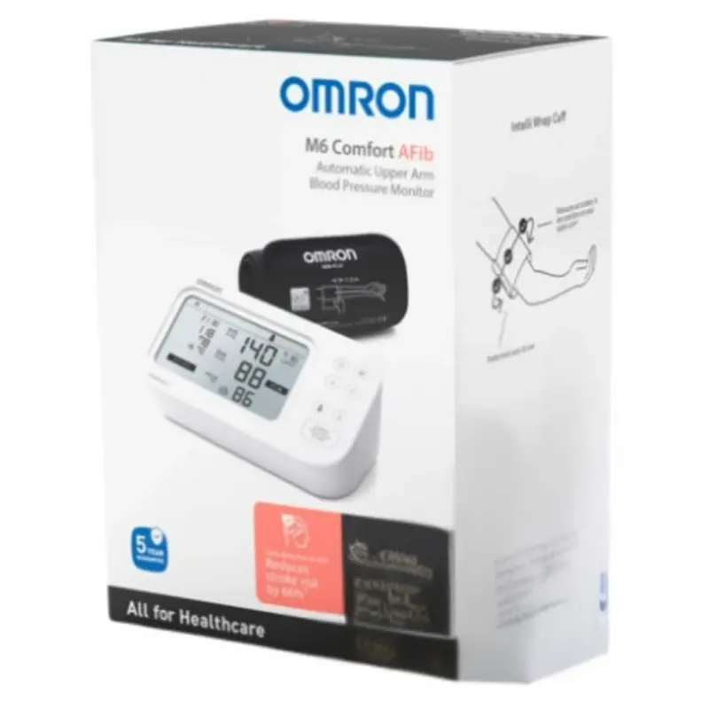 Caja de presentación del tensiómetro de brazo Omron con monitor digital y manguito sobre fondo blanco.