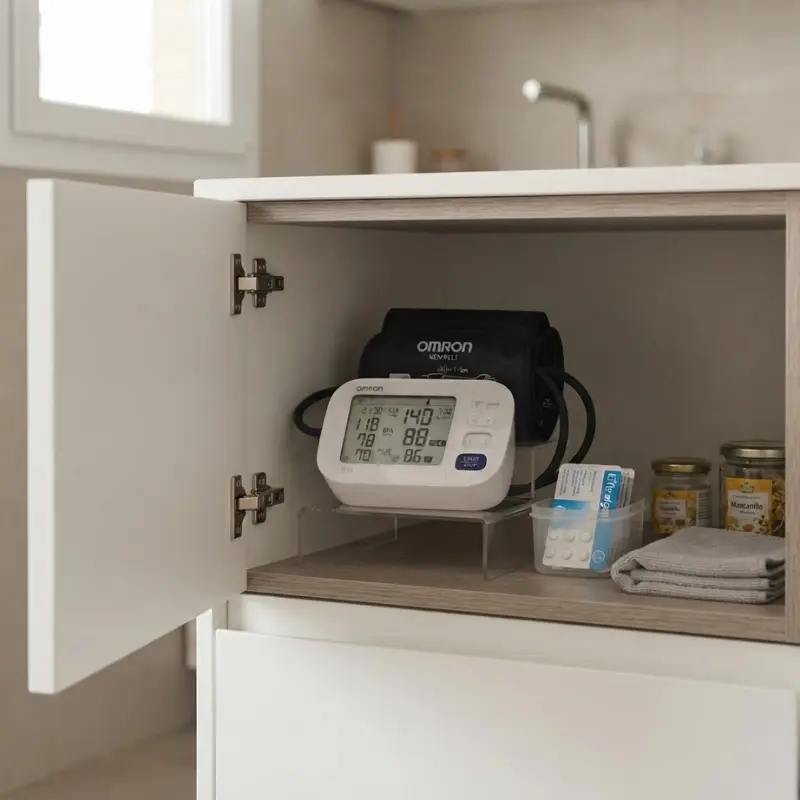 Monitor de presión arterial Omron guardado en el estante de un mueble de hogar junto a medicamentos y toallas.