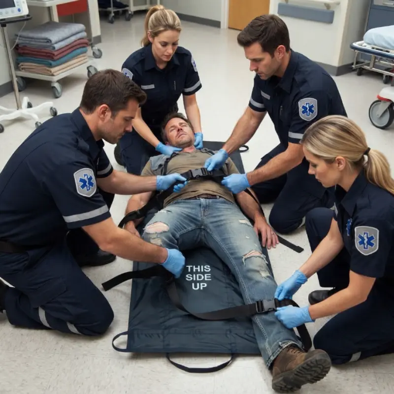 Equipo de sanitarios y personal de emergencia asistiendo y asegurando a un paciente sobre una camilla QuikLitter Lite.