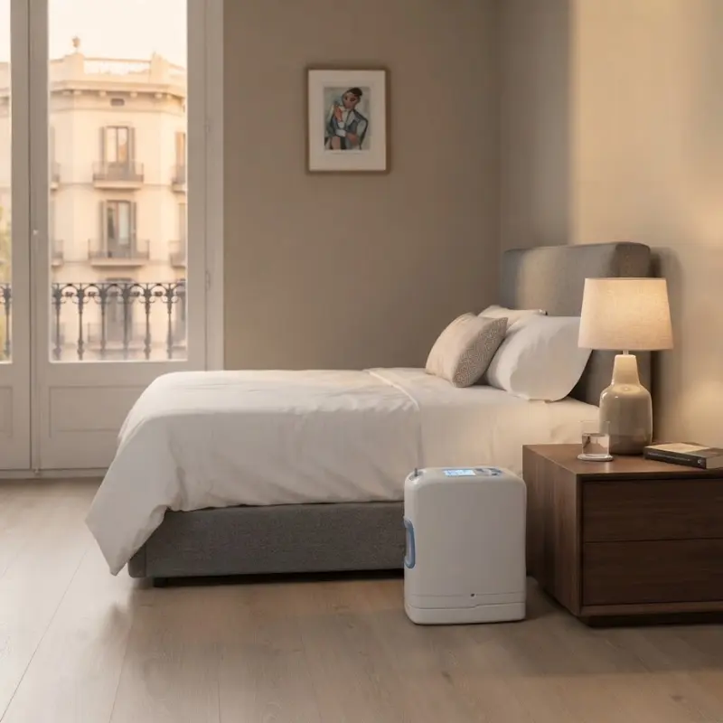 Concentrador de oxígeno portátil Inogen Rove 6 colocado en el suelo de un dormitorio luminoso junto a una mesita de noche.