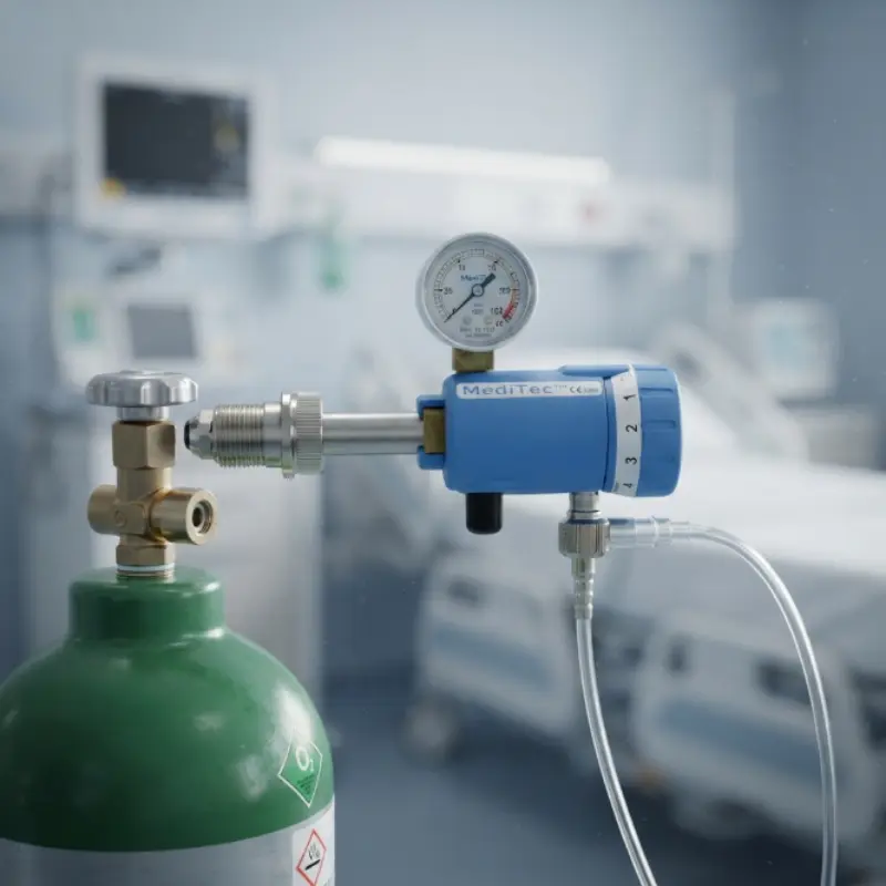 Caudalímetro médico de oxígeno con regulador de flujo sobre fondo blanco para oxigenoterapia.