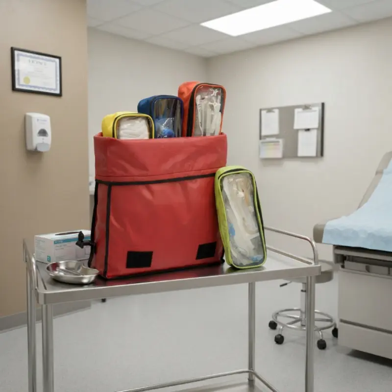 Botiquín bandolera SAIL rojo con estuches organizadores extraíbles colocado sobre una mesa de acero inoxidable en una consulta médica.