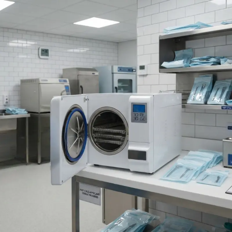 Autoclave Icanclave clase B de 12 litros abierto sobre una mesa en una clínica rodeado de instrumental esterilizado en estanterías.