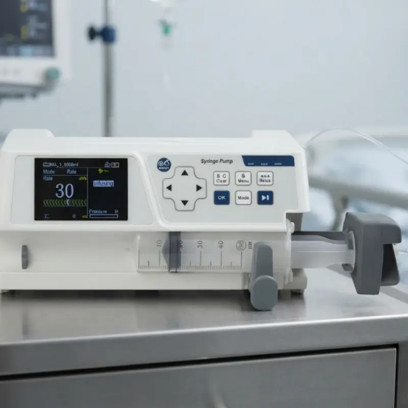 Bomba de infusión a jeringa P-1800 instalada sobre una superficie metálica clínica en un entorno hospitalario.