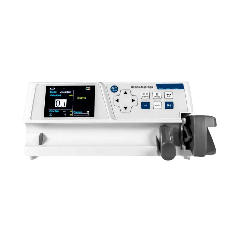 Panel frontal de la bomba de infusión a jeringa P-1800 con pantalla digital y controles de velocidad sobre fondo blanco.