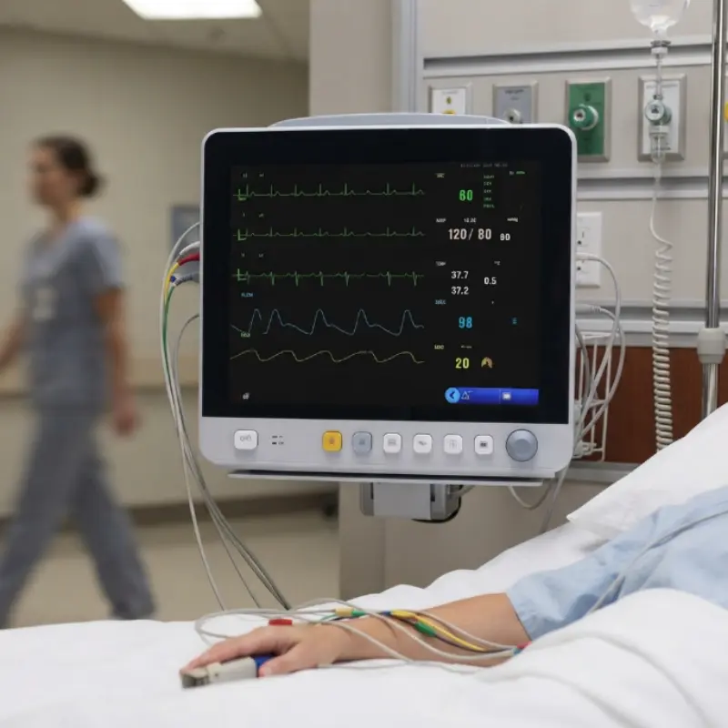 Monitor multiparamétrico E12 de 12 pulgadas conectado a una paciente encamada en una habitación hospitalaria con personal al fondo.