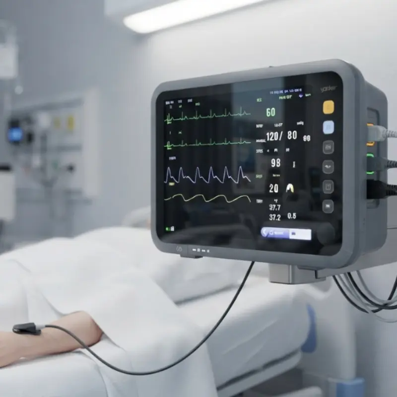 Monitor multiparamétrico de 12 pulgadas YK-8000C conectado a un paciente encamado en una habitación hospitalaria.