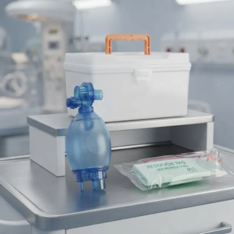 Maletín médico blanco con asa naranja, resucitador manual azul y bolsa de oxígeno sobre una mesa clínica de acero inoxidable.