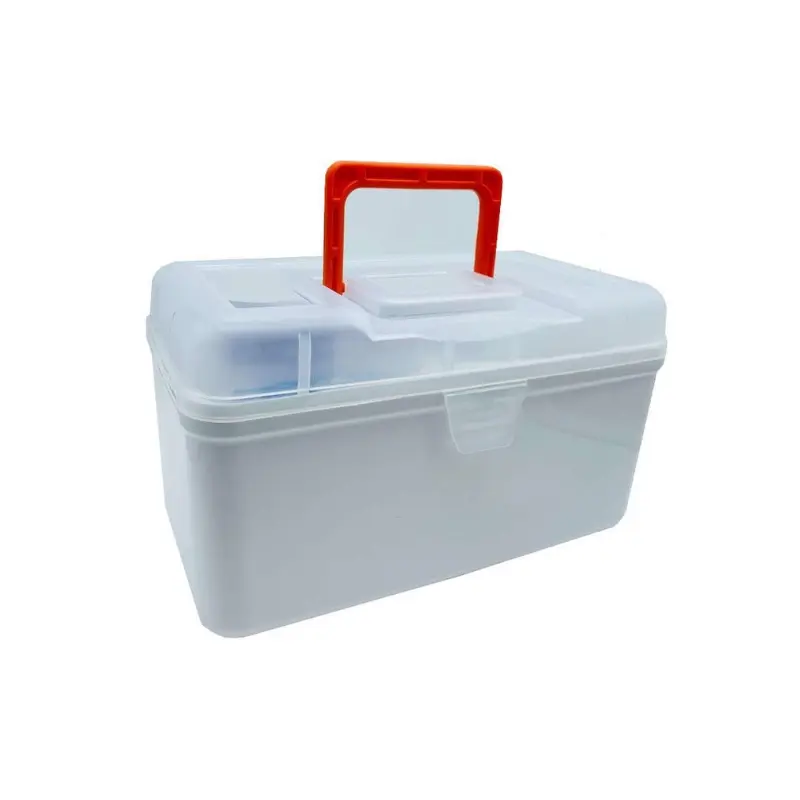 Maletín médico de plástico blanco translúcido con asa superior de color naranja brillante sobre fondo blanco.
