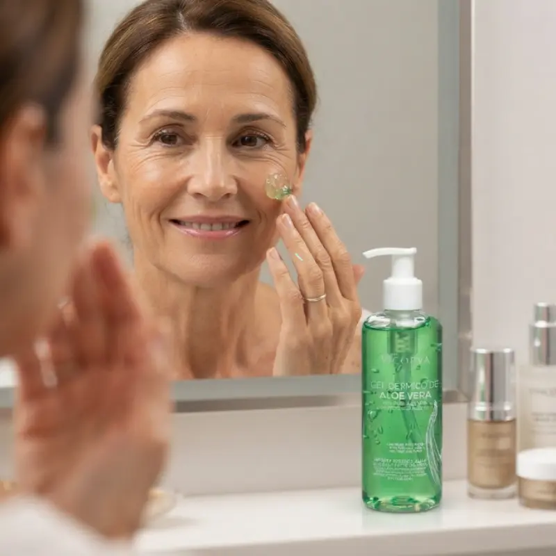 Mujer sonriente aplicándose gel dérmico de aloe vera VICORVA en el rostro frente al espejo del baño.