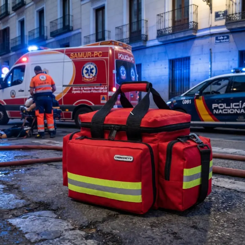 Bolsa ligera de emergencias roja situada en el suelo junto a una ambulancia y un coche patrulla en plena calle.