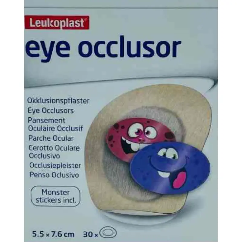 Primer plano de la caja de parches oculares infantiles Leukoplast Eye Occlusor con el texto de especificaciones y pegatinas de monstruos.