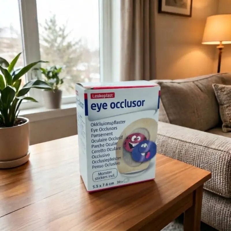 Caja de parches oculares infantiles Leukoplast Eye Occlusor colocada sobre una mesa de madera frente a una ventana luminosa.