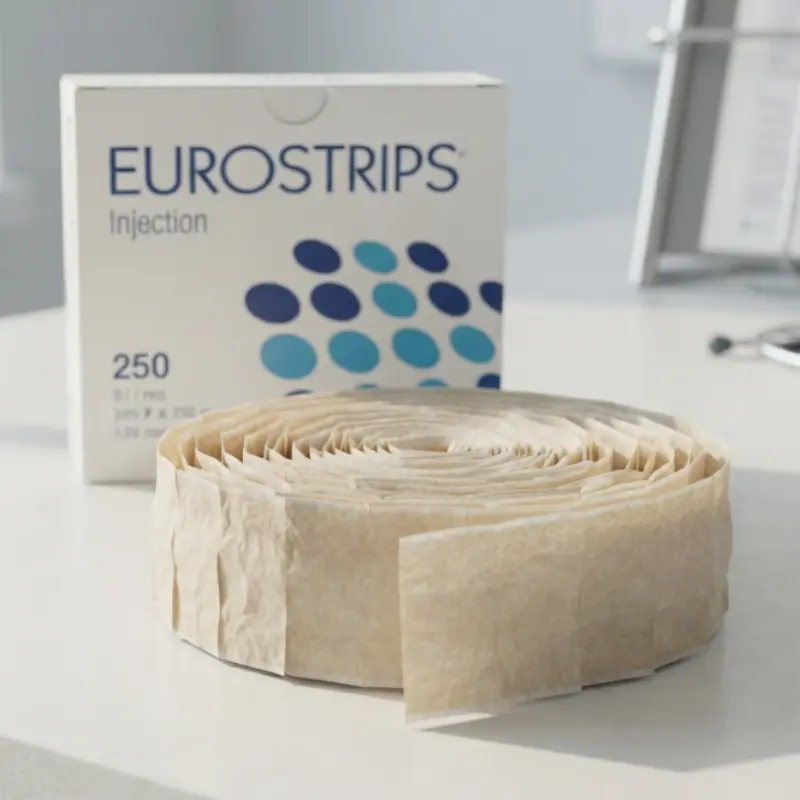 Rollo de tiras adhesivas EUROSTRIPS colocado frente a su caja de cartón blanca sobre una superficie clínica.