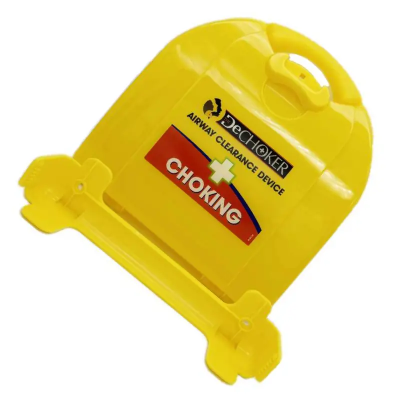 Soporte de pared amarillo para el dispositivo de despeje de vías respiratorias Dechoker con etiqueta de emergencia.