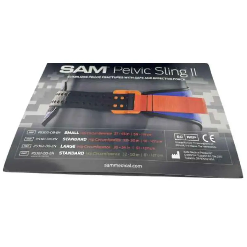 Caja de presentación del cinturón pélvico Sam Sling II negro y azul con el modelo anatómico y especificaciones de tallas.