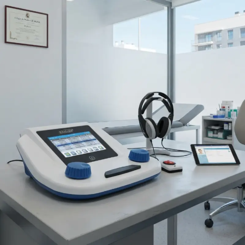 Audiómetro SIBELSOUND DUO instalado sobre una mesa de examen junto a auriculares y una tablet en una consulta médica.
