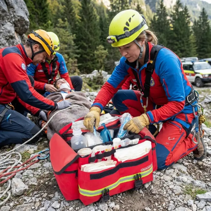 Sanitarios socorristas atendiendo a un paciente herido en zona montañosa junto a la bolsa de emergencias SOFT roja.