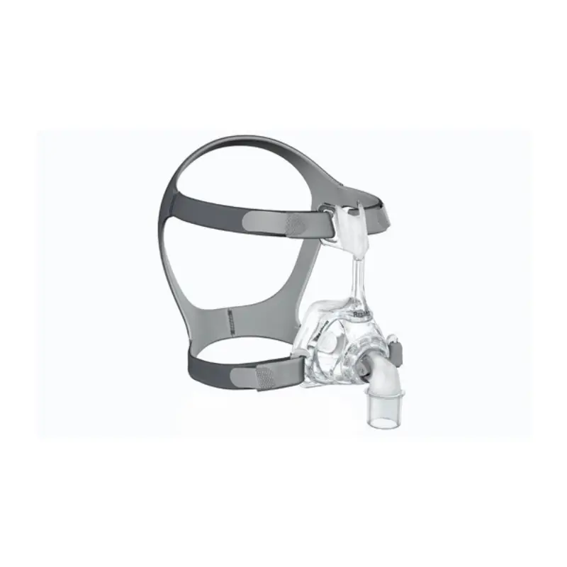 Máscara nasal ResMed Mirage FX con arnés gris y estructura transparente para terapia CPAP, aislada sobre fondo blanco.