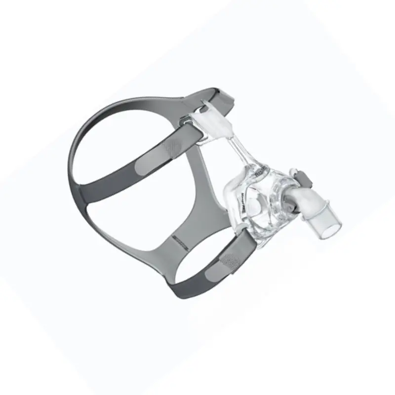 Máscara nasal ResMed Mirage FX con arnés gris y estructura transparente para terapia CPAP, aislada sobre fondo blanco.