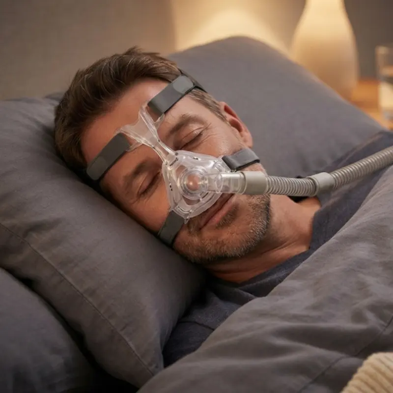 Hombre durmiendo plácidamente en la cama mientras utiliza la máscara nasal ResMed Mirage FX conectada a un tubo CPAP.