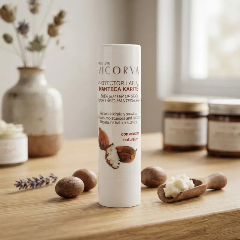 Protector labial de manteca de karité Vicorva vertical sobre superficie de madera junto a frutos secos y una espátula de madera con manteca.