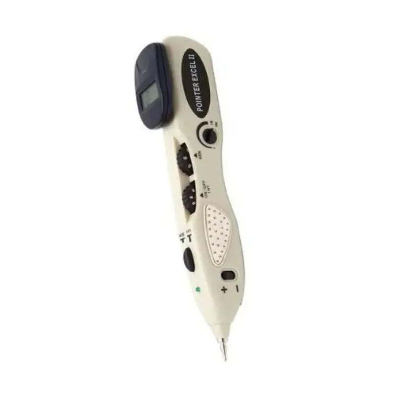 Buscapuntos Pointer Excell II de diseño ergonómico en tonos beige y negro con pantalla digital superior y punta detectora.