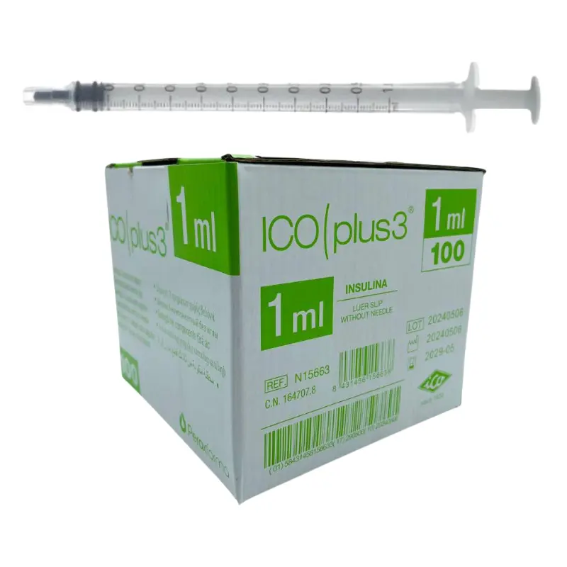 Caja dispensadora de jeringas de insulina Icoplus3 de 1 ml sin aguja junto a una unidad expuesta encima.