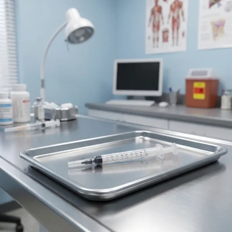 Jeringa de insulina Icoplus3 de 1 ml sin aguja sobre una bandeja metálica en una clínica.