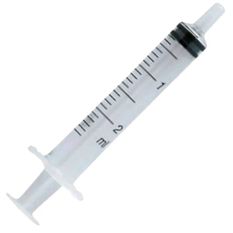Jeringa Nipro de 2 ml con conexión Luer slip sin aguja y cuerpo transparente graduado.