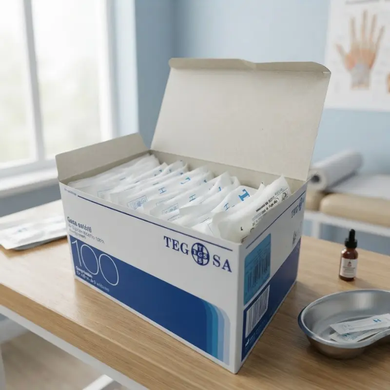 Caja abierta de gasa de algodón estéril con sobres individuales colocada sobre una mesa de madera en consulta.