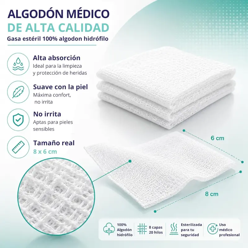 Gasa de algodón estéril 50 unidades sobres 5 Und