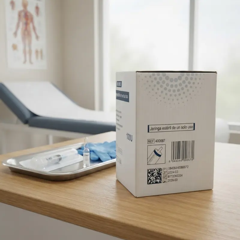 Caja dispensadora de jeringas estériles Klmed junto a una bandeja con instrumental médico en consulta.