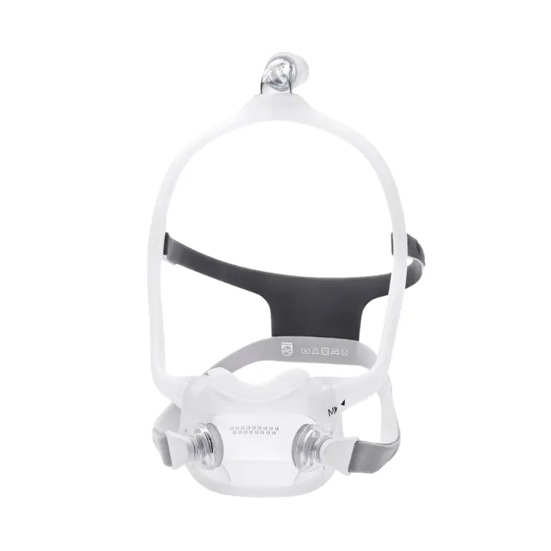 Máscara facial DreamWear Full Face de Philips en talla L con arnés y estructura de silicona transparente sobre fondo blanco.
