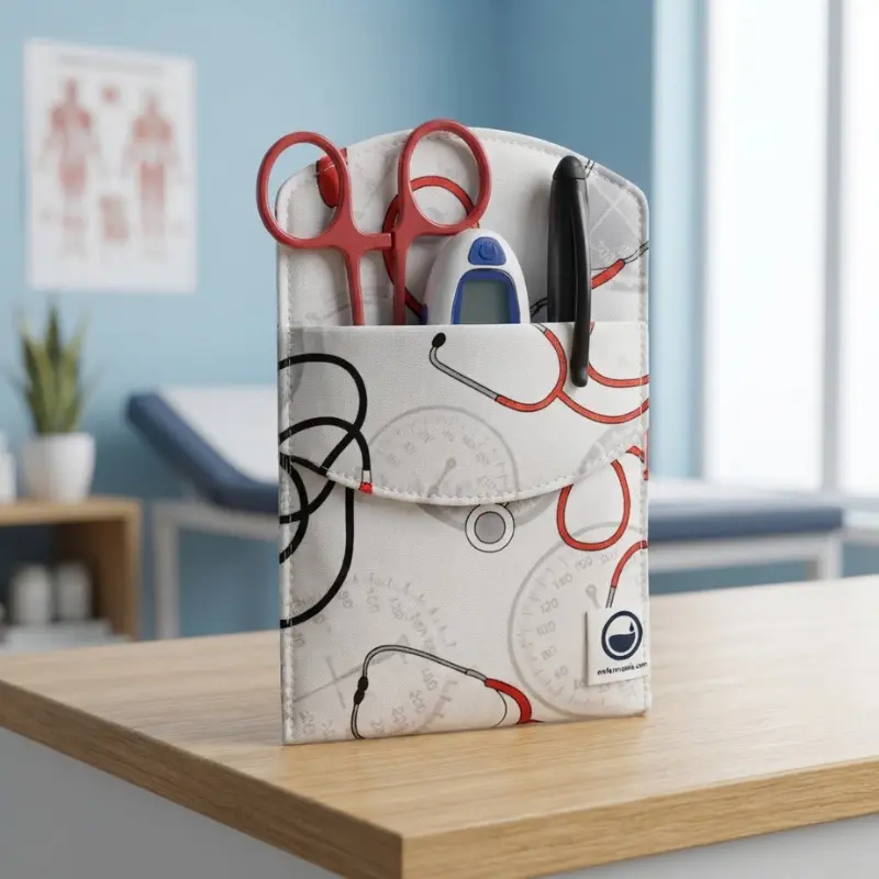 Salvabolsillos sanitario blanco con estampado de constantes vitales colocado en vertical sobre una mesa de madera en consulta.